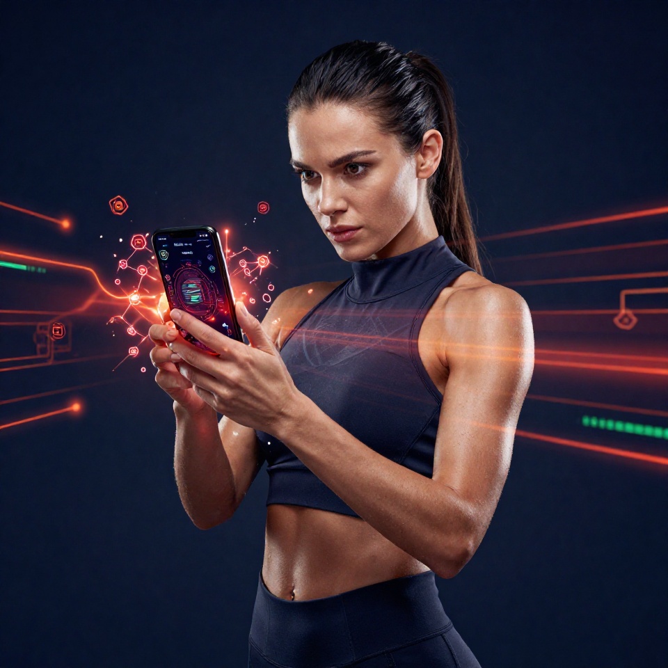Стейкинг TRX и энергия TRON: сравнение вариантов Атлетичная женщина со смартфоном, на экране которого отображаются абстрактные визуализации энергии TRON с красно-оранжевыми потоками и зелеными акцентами